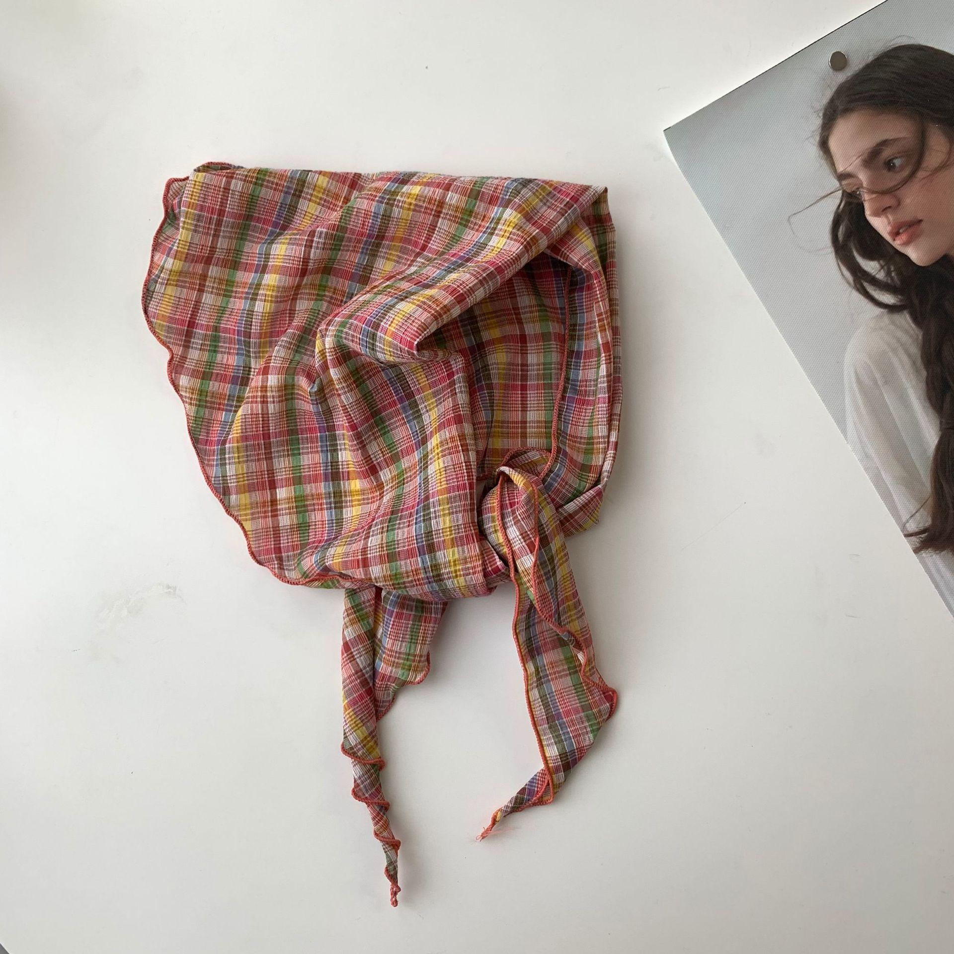Color Plaid Contrasting Headscarf Women S Spring And Autumn Thin Bag Head French Triangle Scarf Seaside Silk Scarf Hair Accessories Scarf Streamer