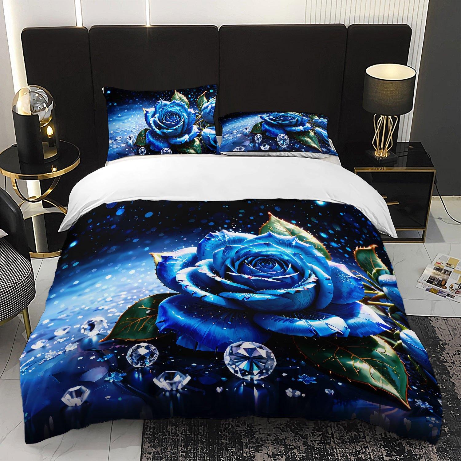 3pcs Luxury Blue Rose Bedding Duvet Cover Set Romantic Rose Bedding Quilt Set Floral Themed Bed Quilt Set Sparkling Diamonds (135x200cm)