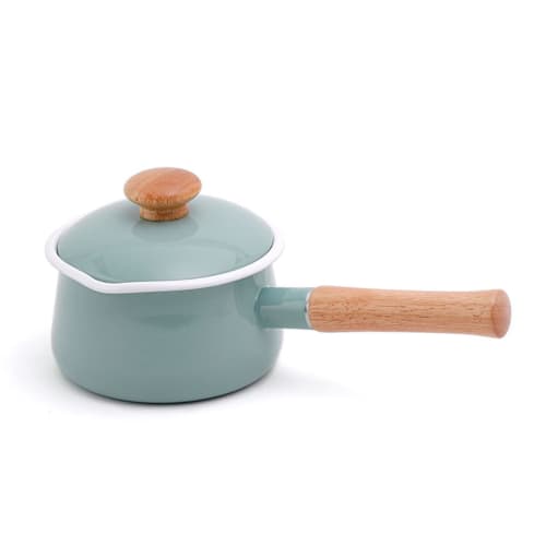 Fuji Enamel Milk Pan with Lid, 15cm, Direct Heat/Induction Compatible, Mint Green, Enamel Saucepan with Long Handle