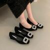 French square head single shoes women's shoes 2025 early spring new rhinestone thick heel low heel shoes one pedal shallow high heels