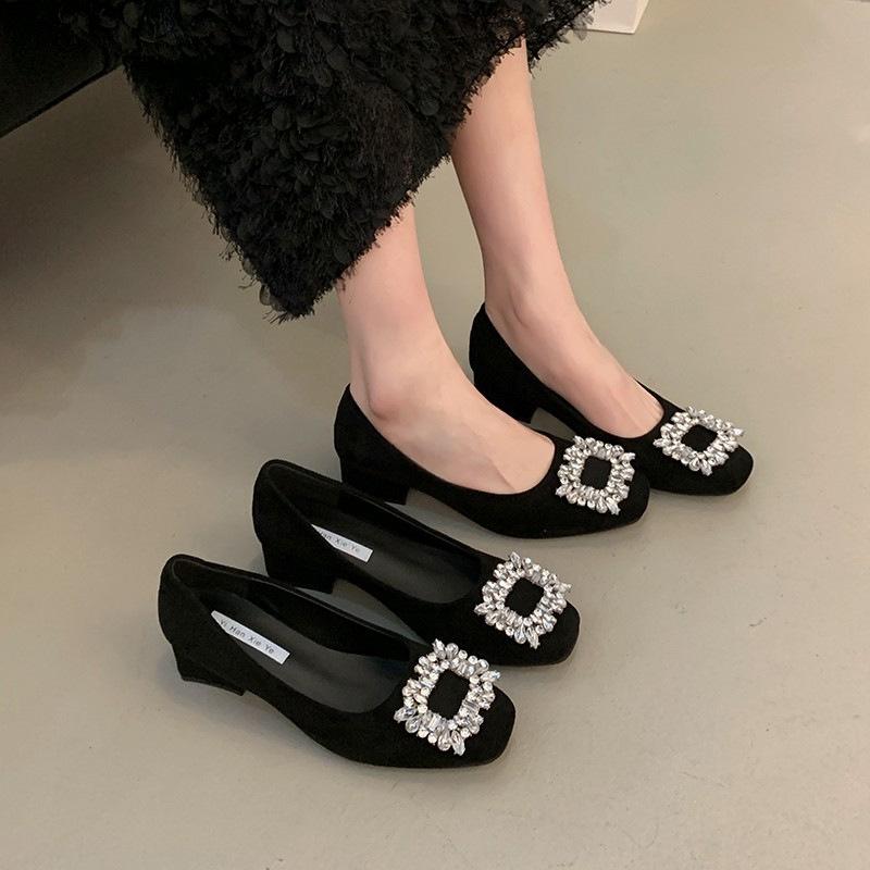 French square head single shoes women's shoes 2025 early spring new rhinestone thick heel low heel shoes one pedal shallow high heels