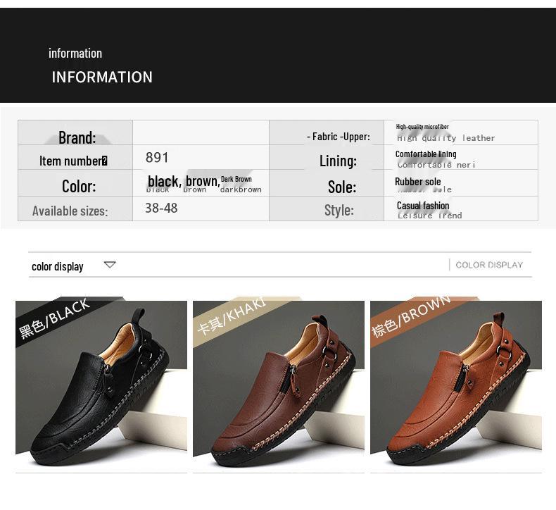 Men's Autumn Casual Leather Slip-On Shoes, Large Size, Soft Sole, Non-Slip, Hand-Stitched, Side Zipper
