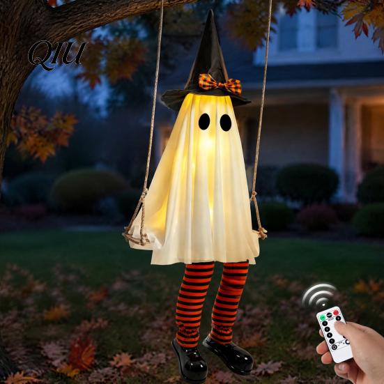 Halloween-Eingangsbereich Dekoration Hängende Schaukel Geist Dekoration, Leuchtend Große Schaukelnde mit Beleuchtetem Veranda Hexenhut Und Gestreiften Beinen für den Garten