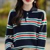2024 Women's Color Block Striped Cashmere Knit Polo - Slimming Long Sleeve Top