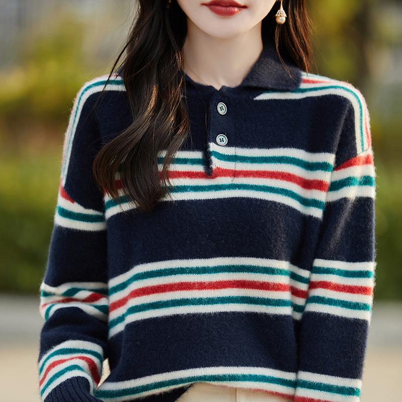 2024 Women's Color Block Striped Cashmere Knit Polo - Slimming Long Sleeve Top