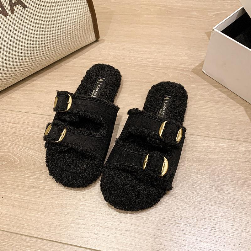 2025 autumn new open-toed double one-word with metal buckle Mao Mao shoes flat-soled fashionable versatile soft-soled women's slippers women