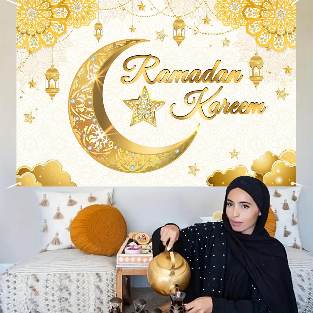 Eid Mubarak Backdrop Moon Star Castle Pattern Ramadan Decorations Banner for Home Islamic Muslim Party Supplies Eid Al-fitr Gift