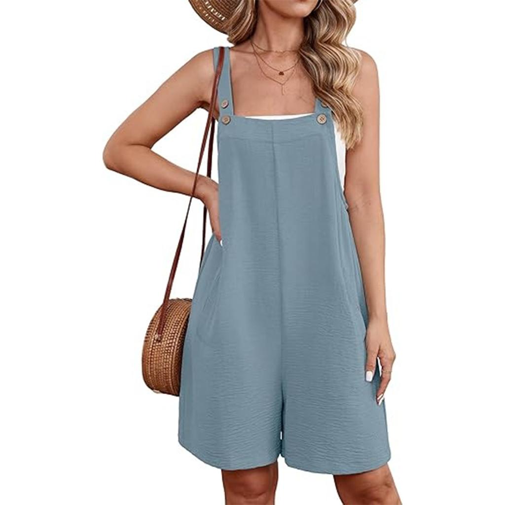 Women's Color Buckle Jumpsuit Shorts With Pockets And Suspenders