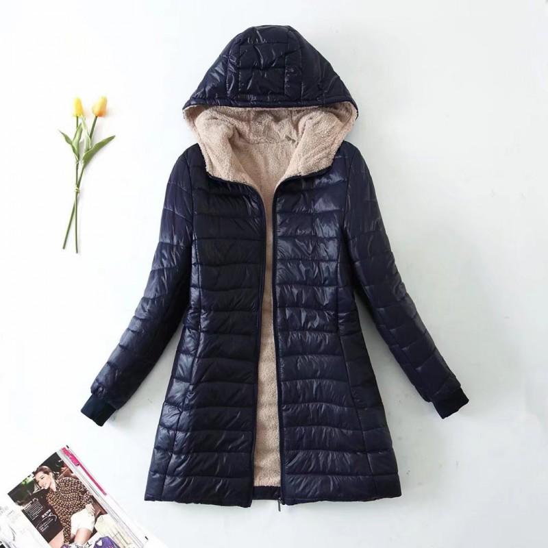 Womens Warm Hooded Mid-Length Cotton Padded Coat With Fleece Lining Streetwear Casual Outerwear