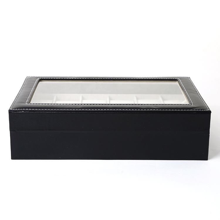 Schwarze Leder-Uhrenaufbewahrungsbox mit 12 Fächern und Perforationsmuster