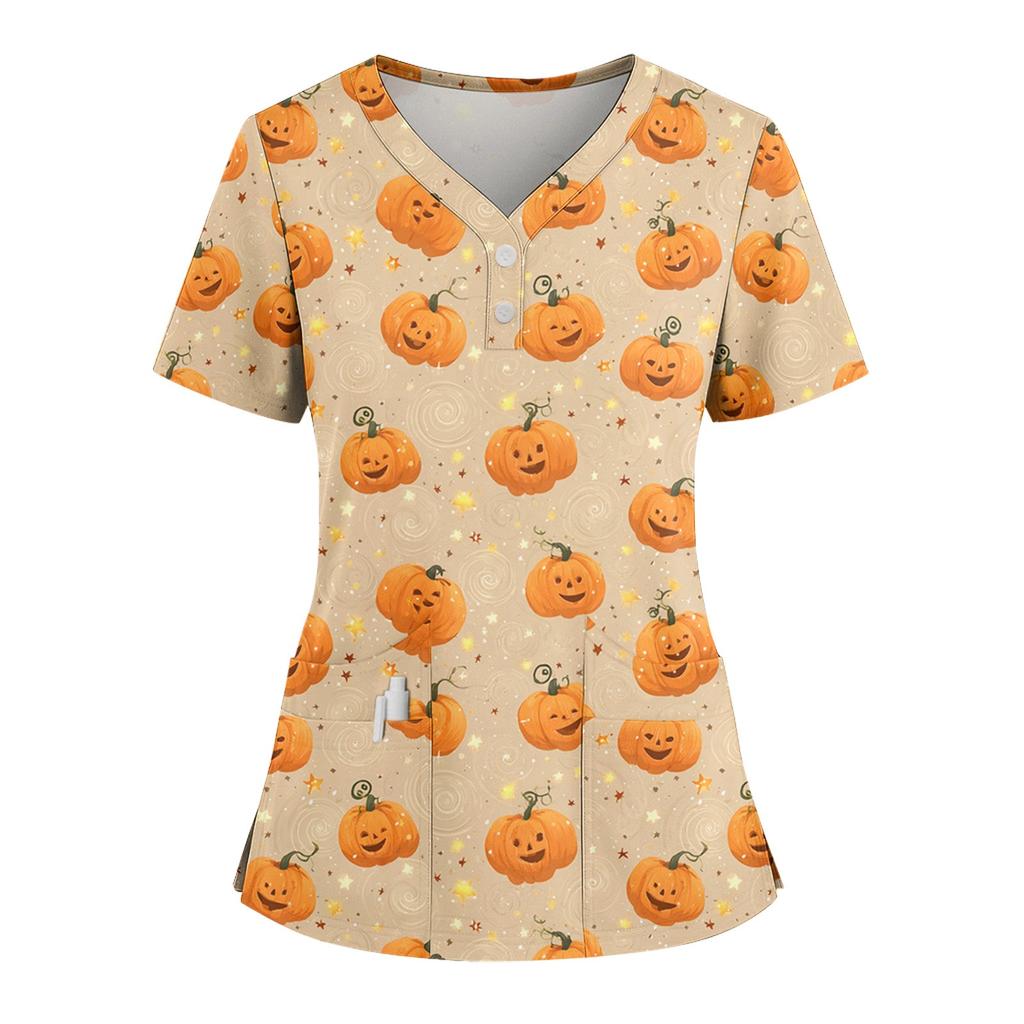 Women's Loose Short Sleeved Fashionable Halloween Print V-neck Buttonable Side Slit Top T-shirt