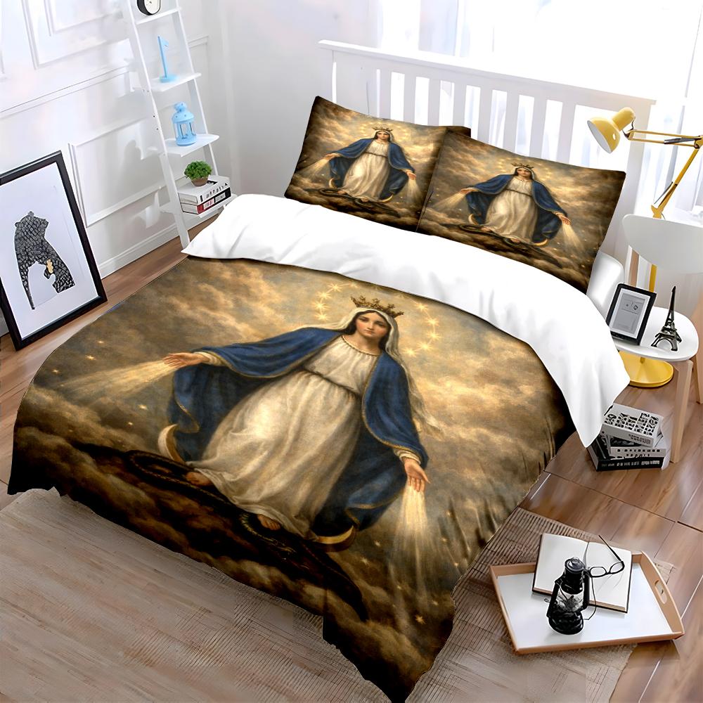 Holy Virgin Mary Pattern Bedding Set Bedding Set (1 Duvet Cover, 2 Pillowcases, Duvet Not Included)