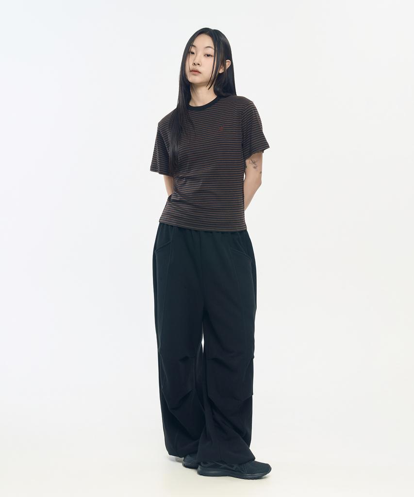 SLOW RECORD HOUSE Striped Short Sleeve T-Shirt_Brown