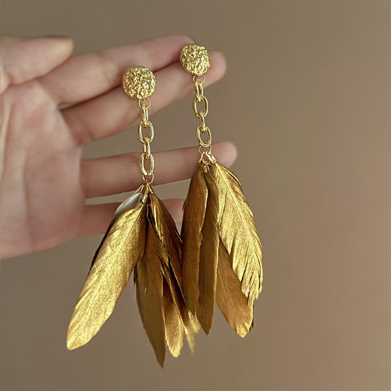 Silver needle round feather earrings simple high-end long earrings Bohemian retro temperament earrings women