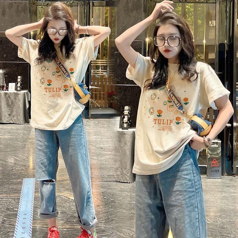 Apricot Pure Cotton Loose Front Shoulder Short-sleeved T-shirt Women's 2025 Summer New Large Version Medium and Long Hip-covering Top