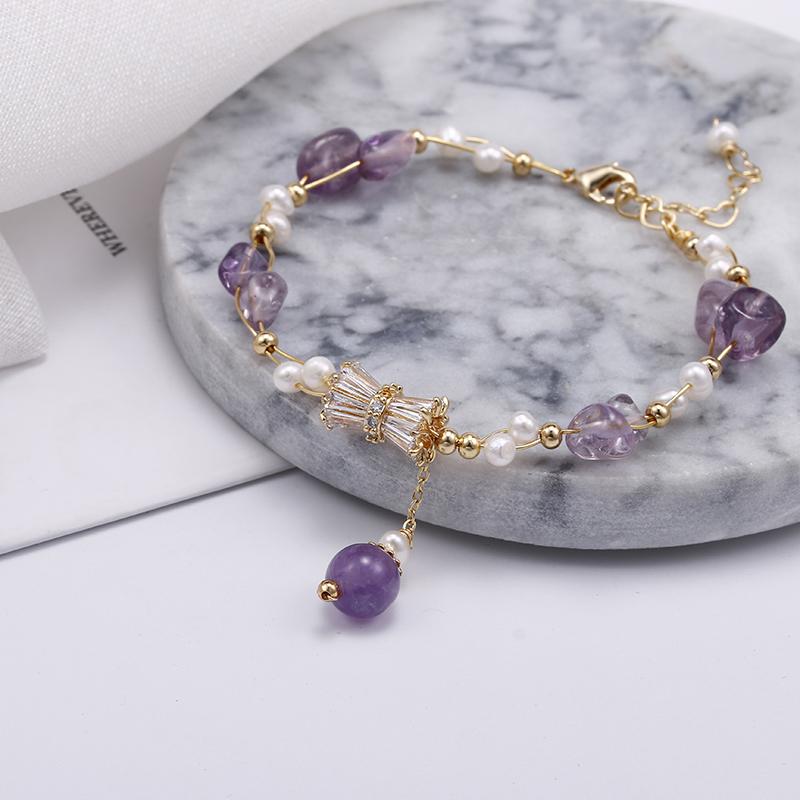 Elegant Shiny Purple Crystal Star Natural Freshwater Pearl 14K Gold Filled Lady Charm Bracelet Women Birthday Gifts No Fade