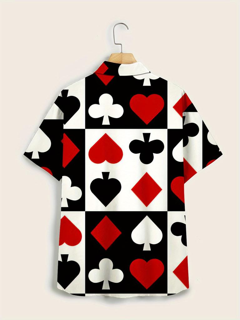 Camicia da Uomo a Maniche Corte Stile Bohemien con Stampa di Carte da Poker - Casual Button-Up con Design Rosso, Nero e Bianco, Perfetta per Tutte le Stagioni, Casual