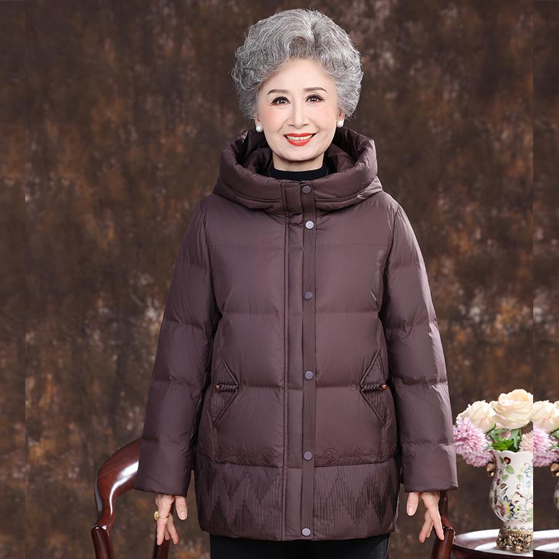 Loose Hooded Winter Down Jacket for Middle-aged and Elderly Women – Warm White Duck Down Coat