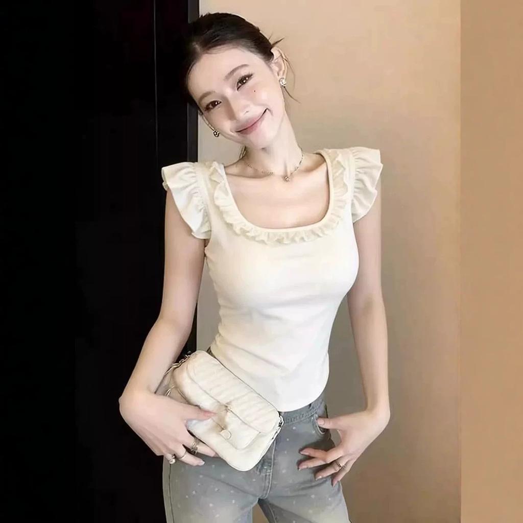 Pure desire style Spice Girl lotus leaf edge small flying sleeve short sleeve T-shirt women's summer new Korean slim waist short top