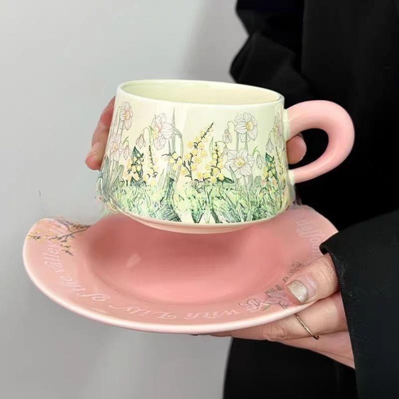 Kontrastfarben Ölmalerei Rosa Windspiel Blume Kaffeetasse Nachmittagstee Tasse Retro Keramiktassen- und Untertassenset Mädchen Souvenir Geschenk