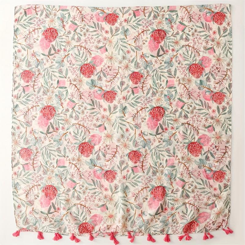 Bufanda Floral de Viscosa Suave con Borlas para Mujer - Chal Ligero con Estampado de Plantas Rosa y Verde, Cálido y Transpirable para Uso en Exteriores, Chal Transpirable