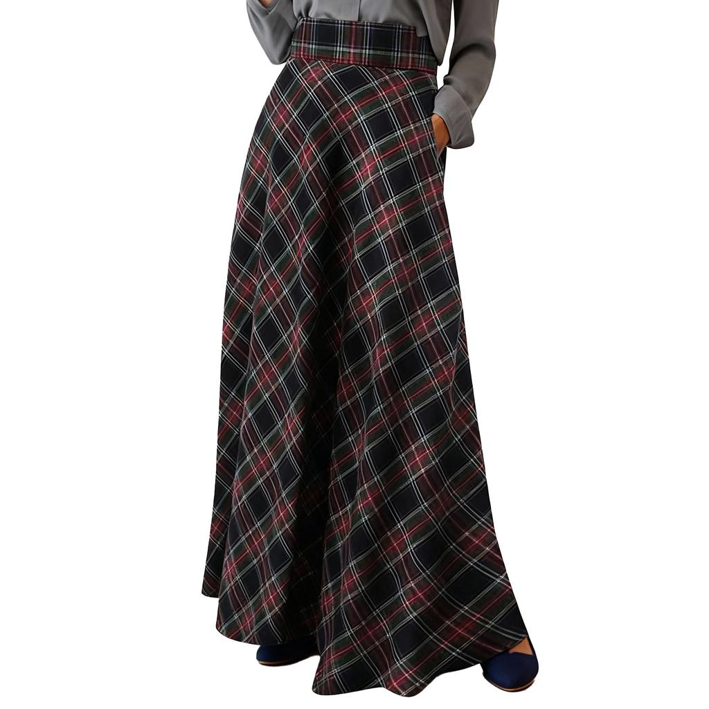 Damen Retro Karomuster Maxi-Rock, Hoher Bund, Modischer Lässiger A-Linien Faltenrock Karomuster Bodenlang