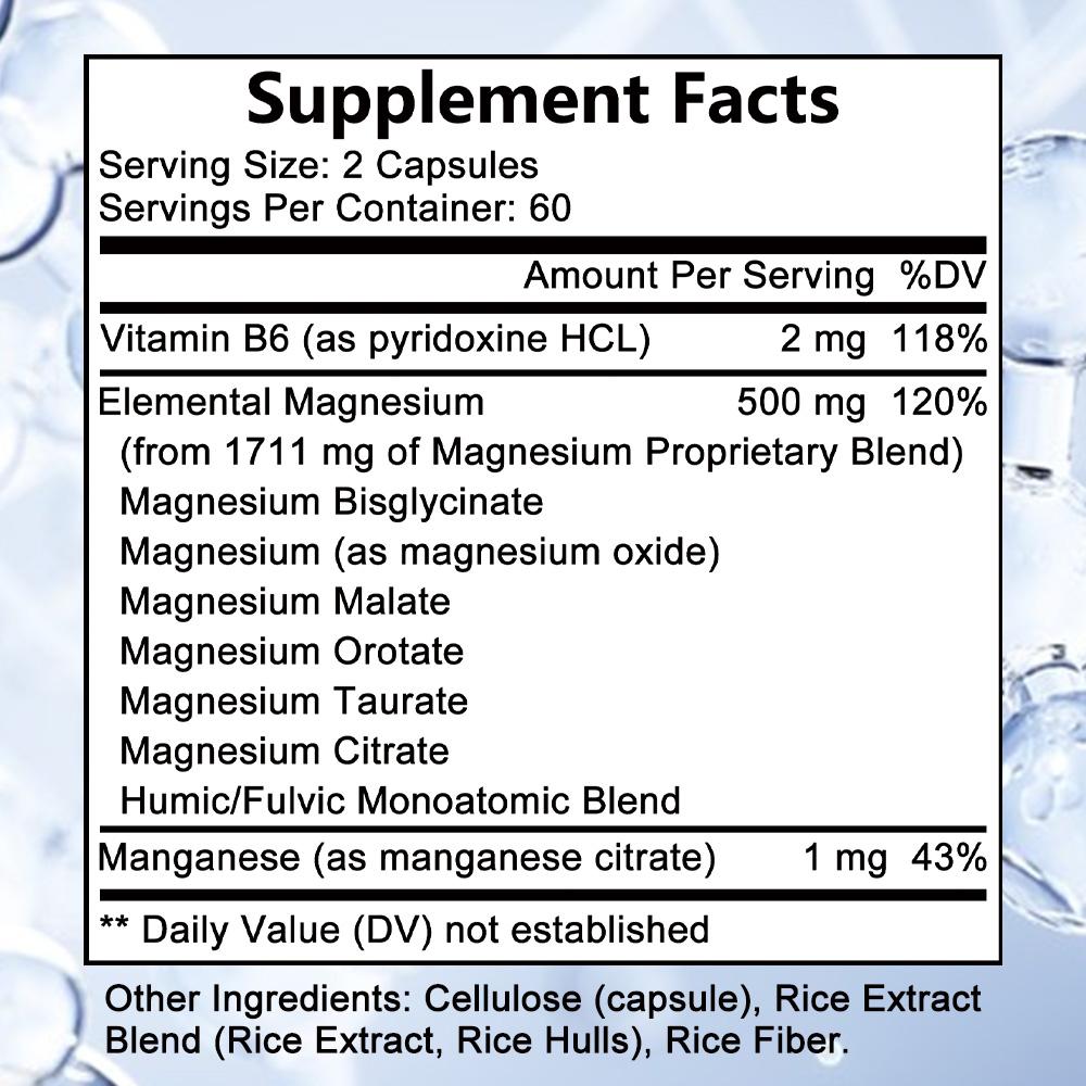 Capsule di Complesso di Magnesio, Miscela di Magnesio Multi-Sorgente con Vitamina B6 e Manganese, 120 Capsule