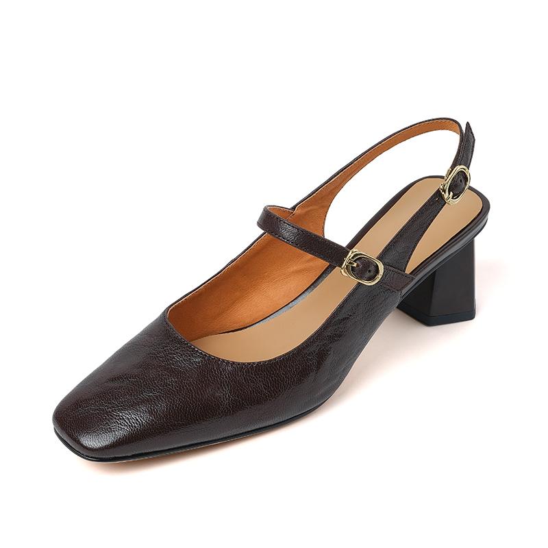 Summer Women Sandals Genuine Leather Shoes for Women Cover Toe Chunky Heel Shoes Square Toe Slingback Sandals Gladiator Shoes