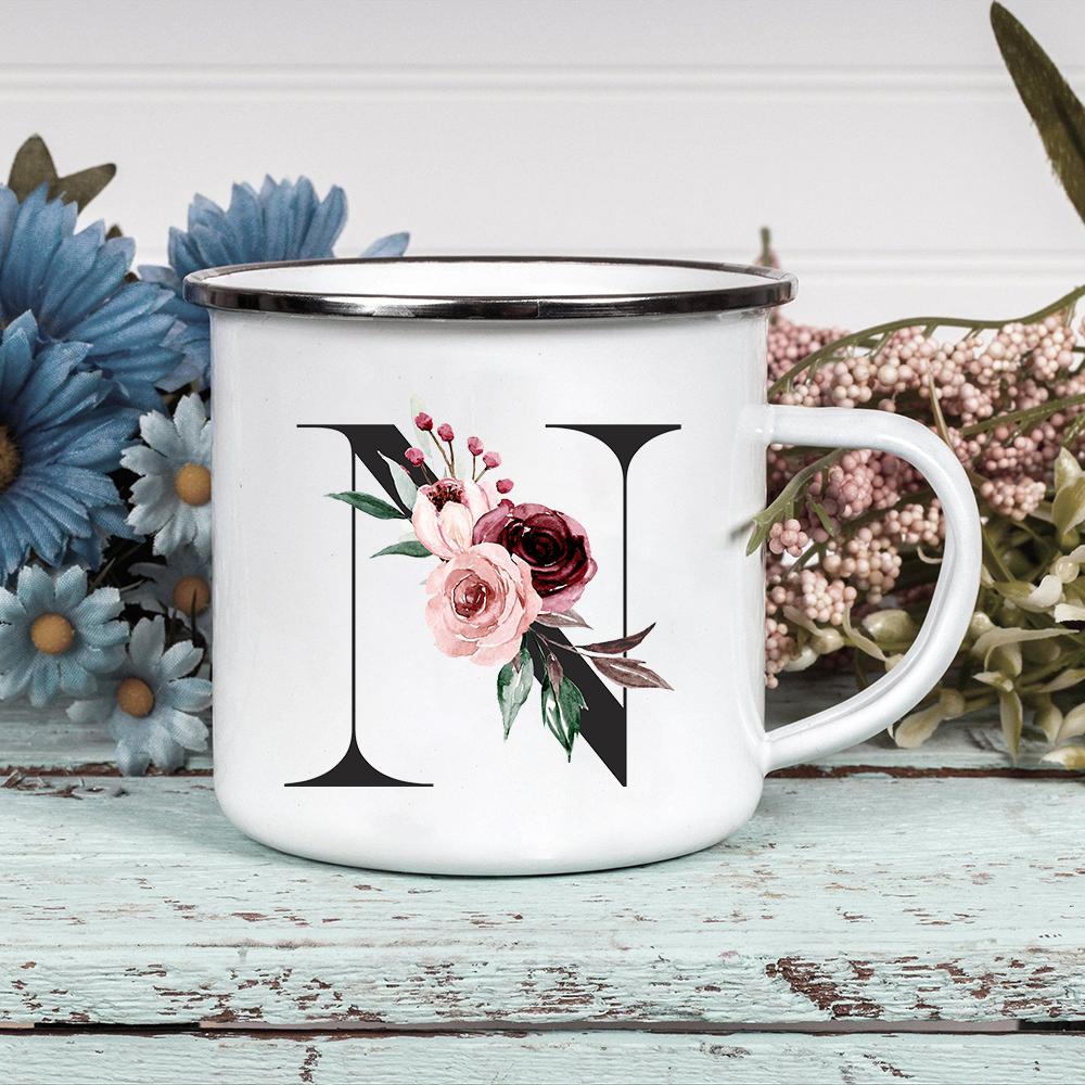 Alphabet Blumen A-Z Vintage Emaille Kaffee Tee Tassen Urlaub Camping Getränke Saft Bier Tassen Zuhause Büro Milch Tasse Geburtstagsgeschenke