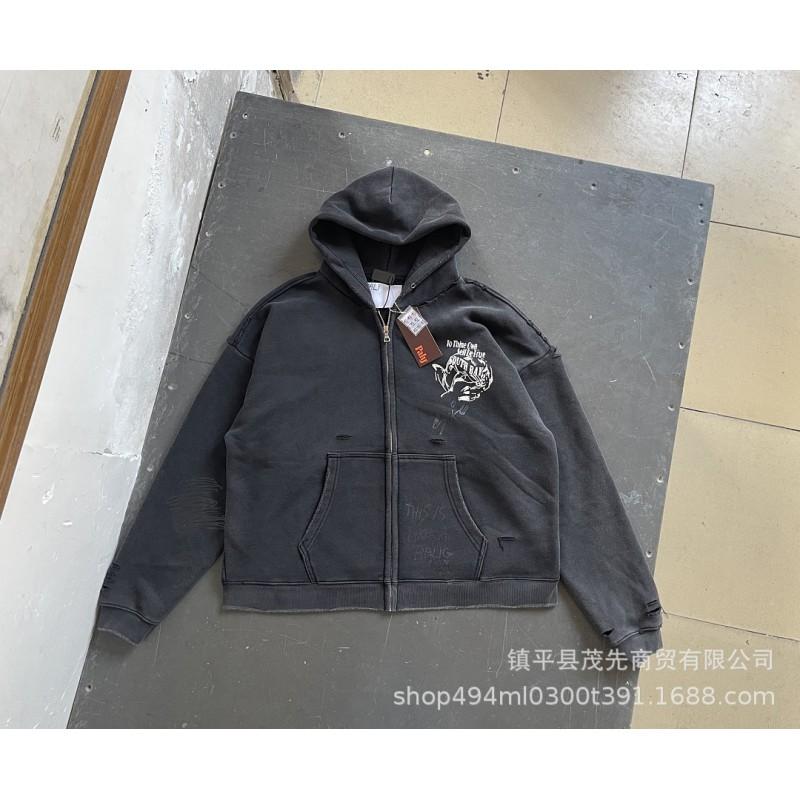Vintage Distressed Washed Zip Up Hoodie Loose Streetwear Casual Unisex Jacket