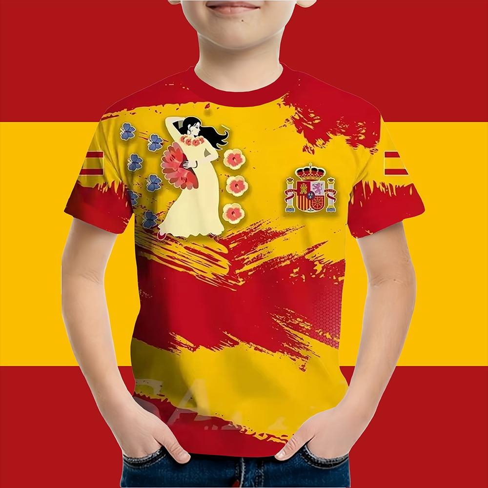Boys Clothes Spanish Flag Graphic T-Shirt Vintage Casual Short Sleeved Kids Clothes 2-14Y Summer Outdoor Spanish Child Top Tee