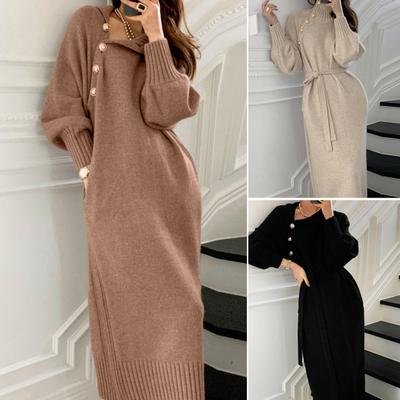 Rollkragenpullover mit langen Ärmeln, schrägen Knöpfen, halber Knopfleiste und Taschen, Strickkleid für Damen, fester Gürtel, Pullover, Strickpullover, Midikleid, Streetwear