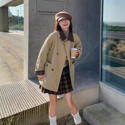 Lapel Trench Coat Women's Spring and Autumn New Fashion Casual Plaid Splicing Coat