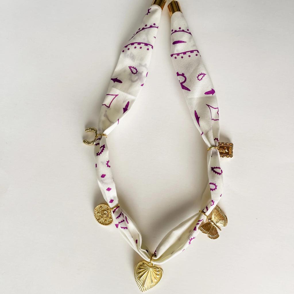 Bohemian Printed Silk Scarf Necklace Retro Metal Love Shell Pendant Cloth Strip Splicing Trendy Jewelry