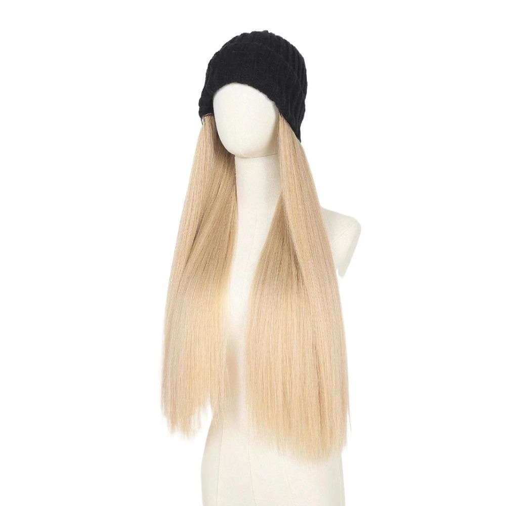 Winter Cap Beanies Hat with Hair Wigs One-piece Long Straight Hair Ski Knitted Hat Wig  Girls