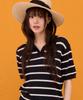 CHASECULT Women'S Striped Open Collar Short Sleeve Sweater - Navy