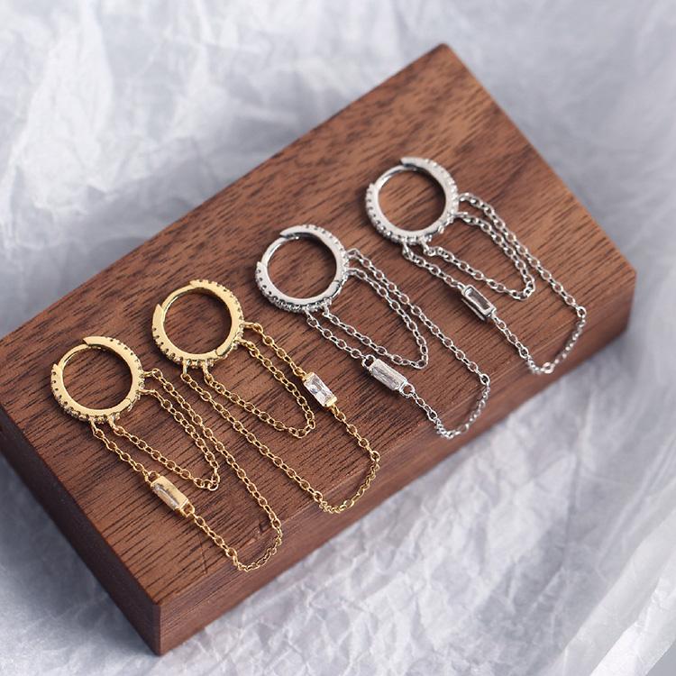 YHE0180 S925 Silver Double Tassels Chain Drop Dangle Earrings Huggie Hoop Ear Cuff Hug Ear Lobes Cartilage Studs Punk Style