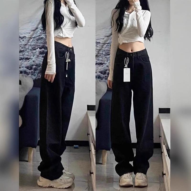 Black Narrow Jeans Women's Autumn and Winter Velvet Loose and Thin Pear-shaped Body Wide-leg Straight Pants
