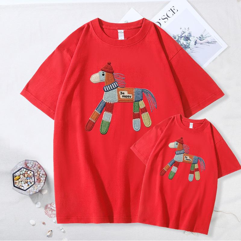 2026 Year of the Horse Red T-Shirt - Unisex Cotton Short Sleeve for Family Photos & New Year Greetings