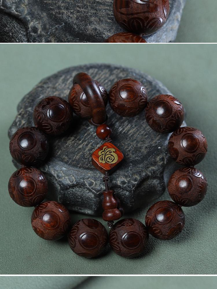 Exquisite 20mm Ethnic Buddhist Bead Bracelet with 12 Carved Beads, Unisex Rosary Pendant Style