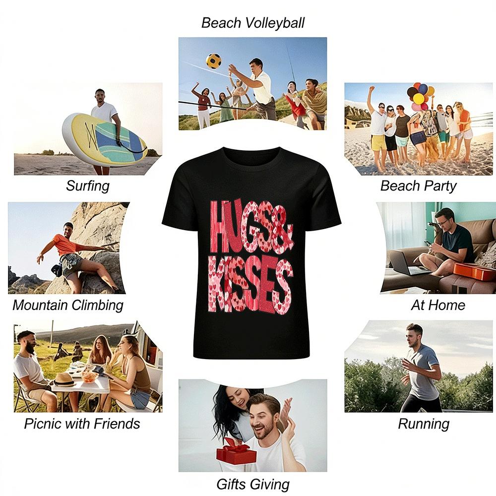 Valentine's Day Hugs Kisses Print Casual Crew Neck T-Shirt Pure Cotton T-shirt