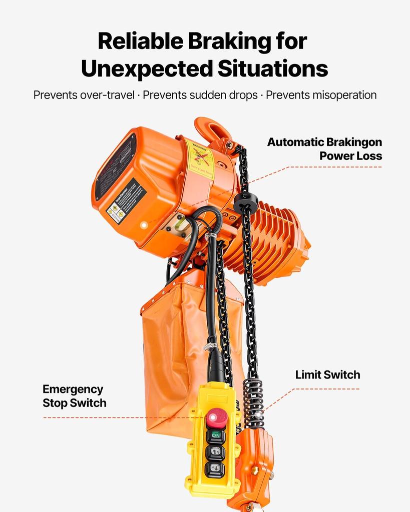 1000 Kg Electric Chain Hoist, 6 M Lifting Height, Three-Phase Overhead Crane with 100 M Wireless & 4.5 M Wired Remote Control, Double G80 Chain Hoist