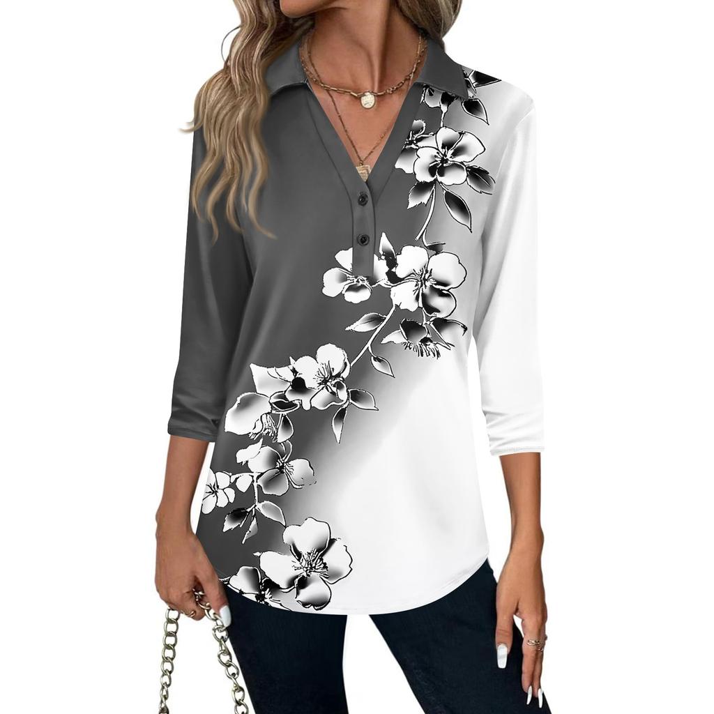 Women's Fashion Casual Lapel Short 3/4 Sleeve Print Shirt Women's V-Neck Button Tops