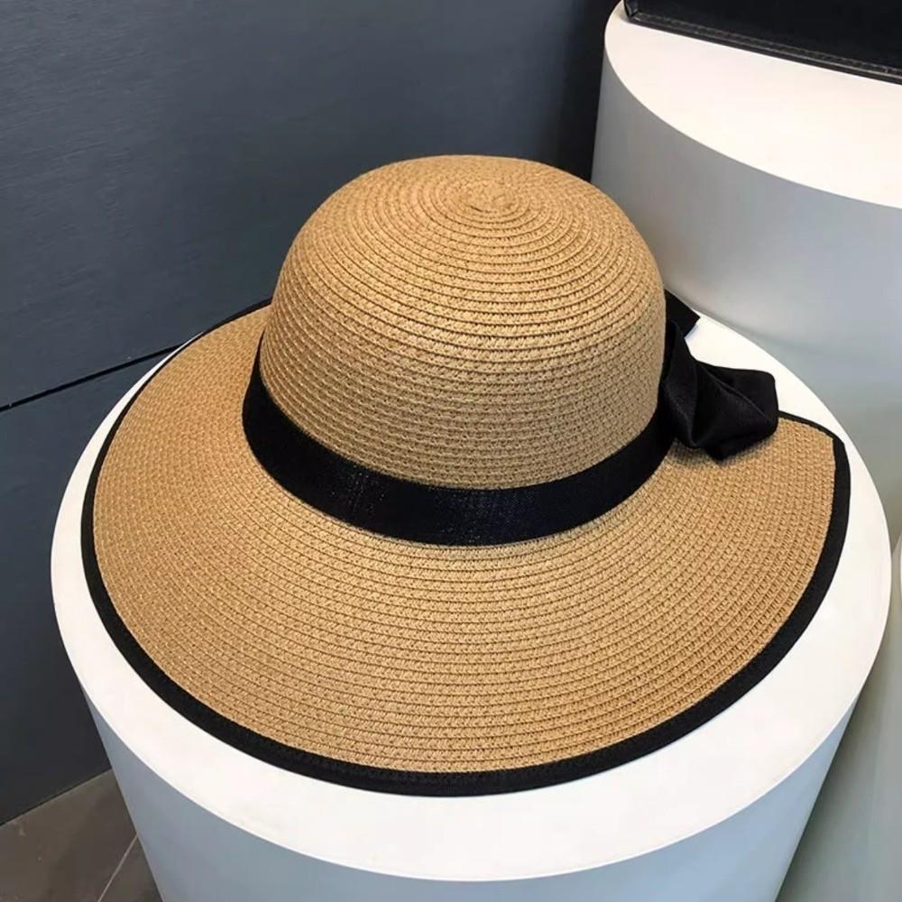 Wide Brim Straw Weave Sun Hat Large Bow Bowknot Sun Cap Fashion Sunscreen Bucket Hat Outdoor