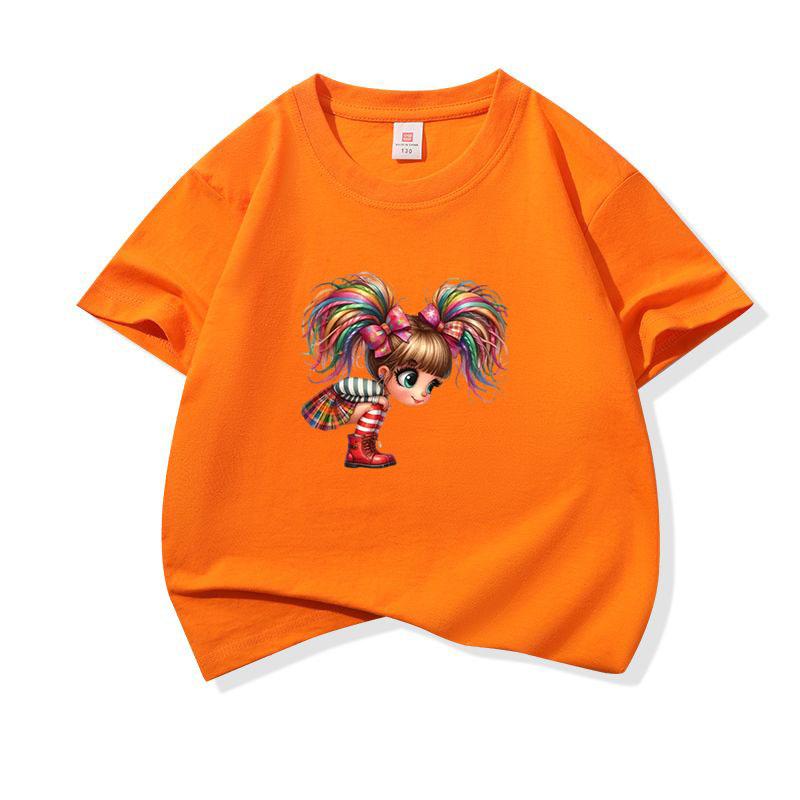 Kids Cotton T Shirt Rainbow Hair Girl Wear Plaid Skirt Print Crew Neck Short Sleeve Tee Casual Boys Girls Summer Tops