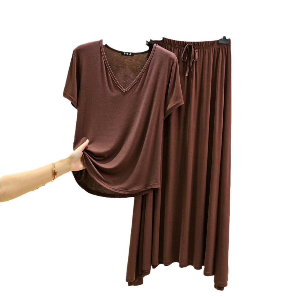 Modal V-Neck Short-Sleeve Midi Skirt Set: Women's Plus Size Korean-Style Casual Two-Piece Outfit