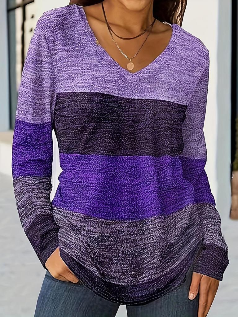 2025 Cross-Border V-Neck Color-Blocked Long-Sleeve T-Shirt