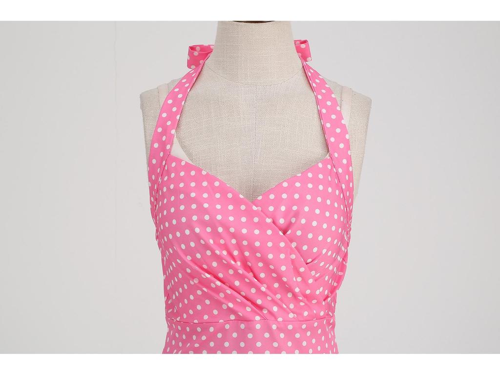 2023 Hot-Selling Barbie Pink Polka Dot Halterneck Ruched Swing Dress