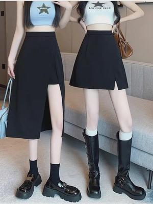 Saia Midi Evasê de Cintura Alta Estilo Coreano Primavera 2024 com Fenda