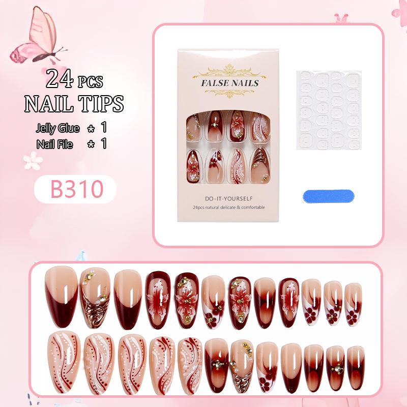 Gold-Plated 3D Flower Almond Shape French Manicure Short False Nails